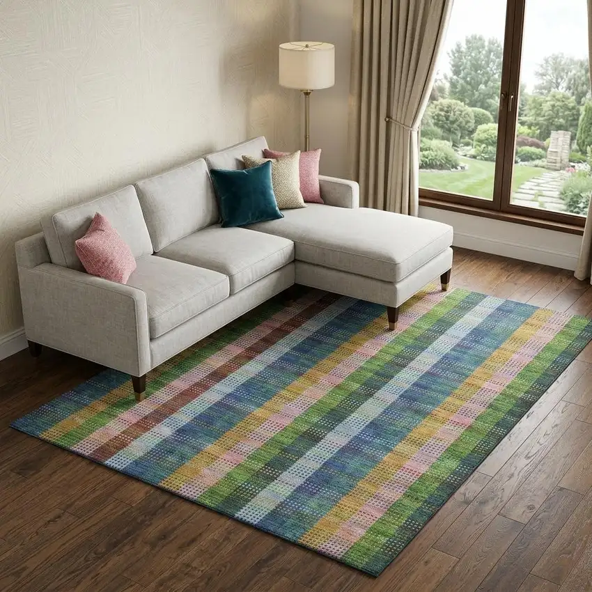 Navy Blue Green And Gold Plaid Washable Area Rug With UV Protection Photo 1