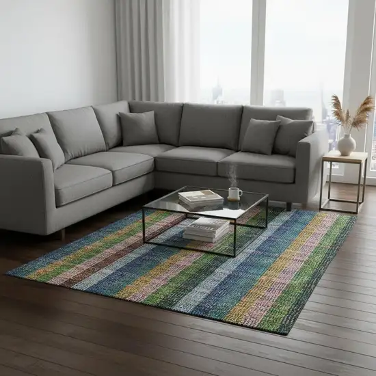 Navy Blue Green And Gold Plaid Washable Area Rug With UV Protection Photo 2