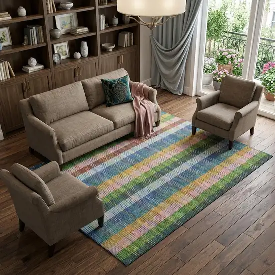 Navy Blue Green And Gold Plaid Washable Area Rug With UV Protection Photo 1