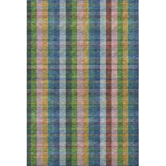 Navy Blue Green And Gold Plaid Washable Area Rug With UV Protection Photo 3