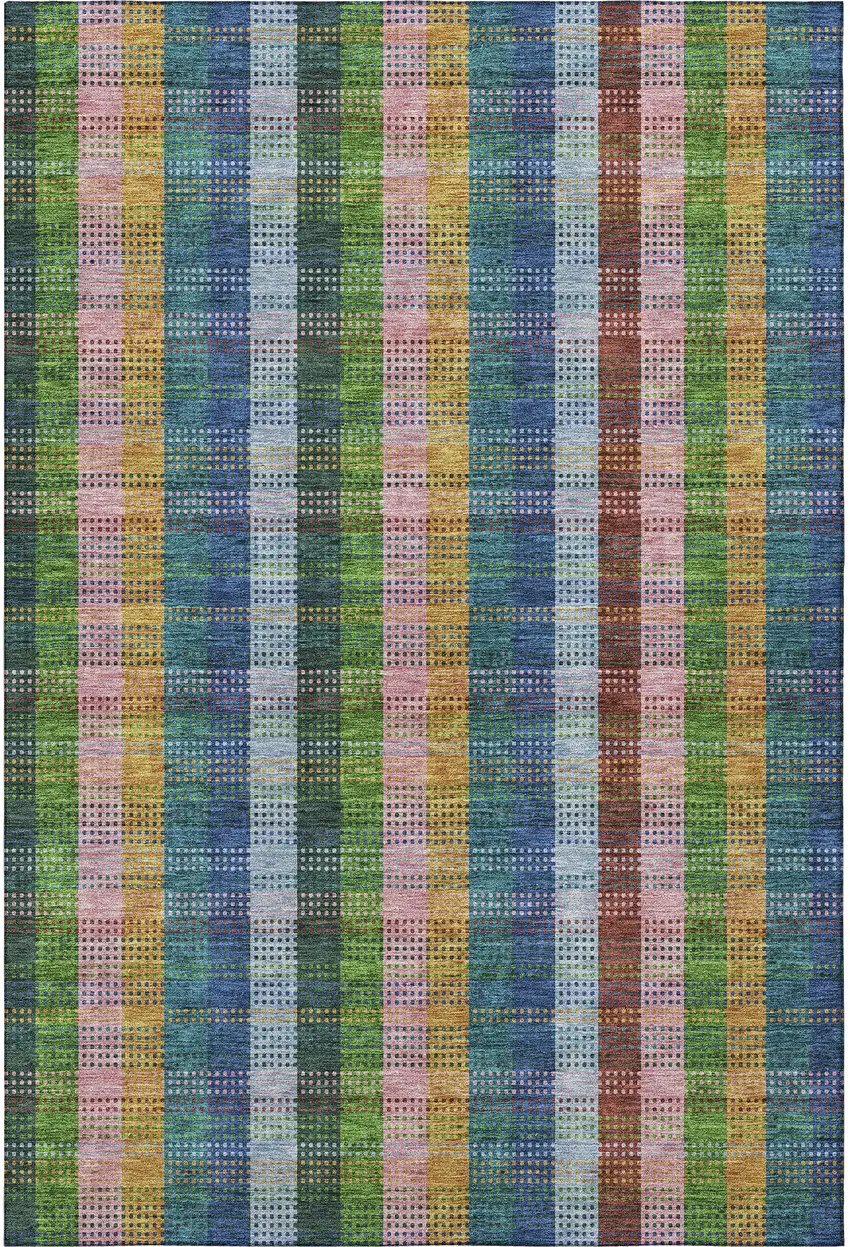 Navy Blue Green And Gold Plaid Washable Area Rug With UV Protection Photo 3