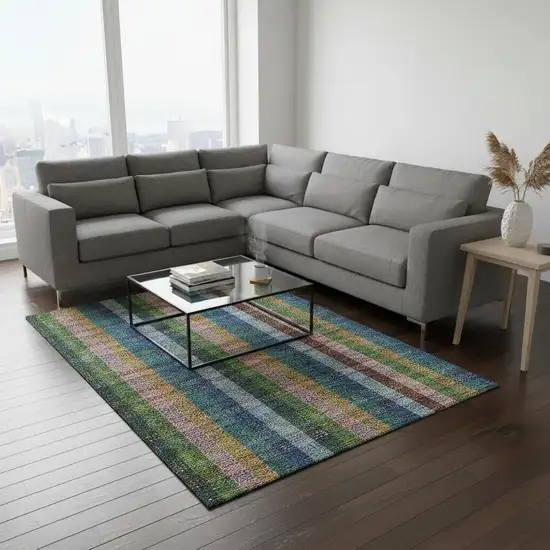 Navy Blue Green And Gold Plaid Washable Area Rug With UV Protection Photo 2