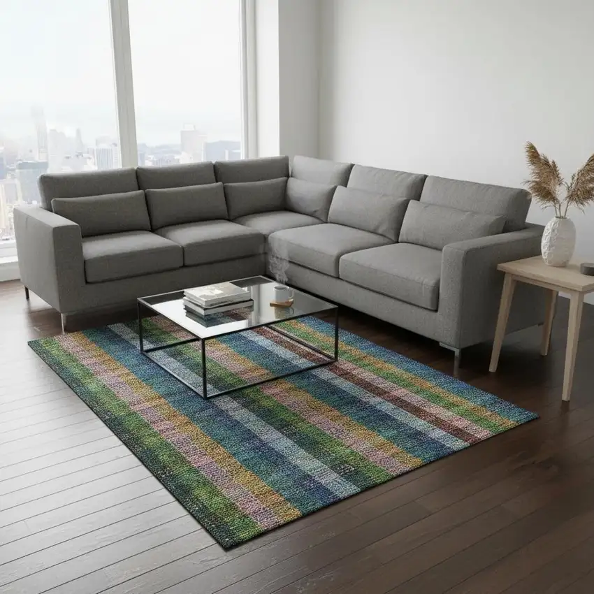 Navy Blue Green And Gold Plaid Washable Area Rug With UV Protection Photo 2