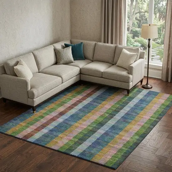 Navy Blue Green And Gold Plaid Washable Area Rug With UV Protection Photo 1