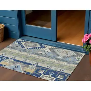 Photo of Navy Blue Green And Gray Aztec Washable Indoor Outdoor Area Rug