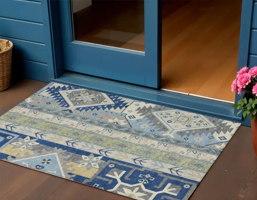 Navy Blue Green And Gray Aztec Washable Indoor Outdoor Area Rug Photo 1