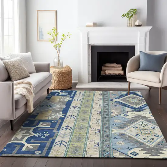 Navy Blue Green And Gray Aztec Washable Indoor Outdoor Area Rug Photo 9