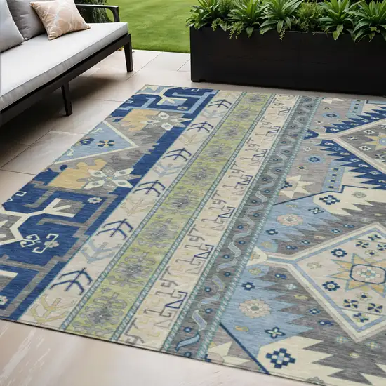 Navy Blue Green And Gray Aztec Washable Indoor Outdoor Area Rug Photo 1