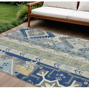 Photo of Navy Blue Green And Gray Aztec Washable Indoor Outdoor Area Rug