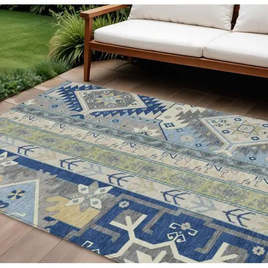 Navy Blue Green And Gray Aztec Washable Indoor Outdoor Area Rug Photo 1