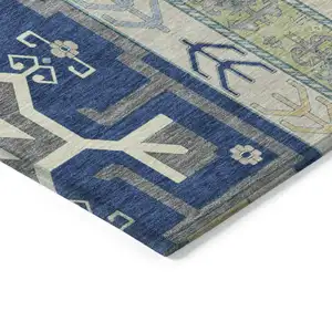 Photo of Navy Blue Green And Gray Aztec Washable Indoor Outdoor Area Rug