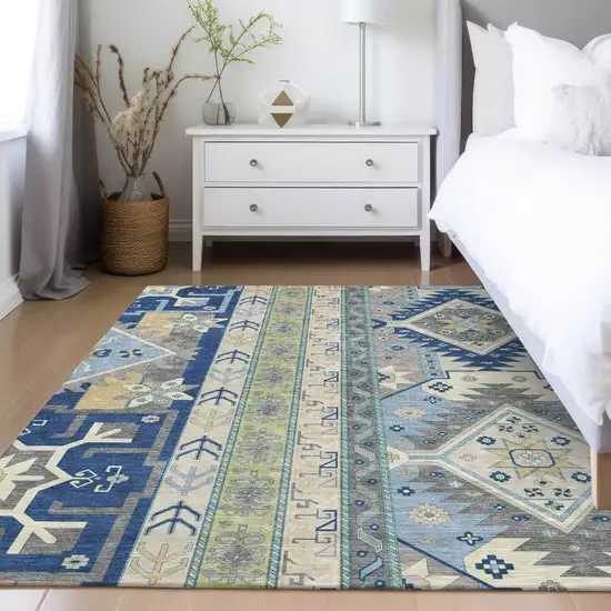 Navy Blue Green And Gray Aztec Washable Indoor Outdoor Area Rug Photo 9