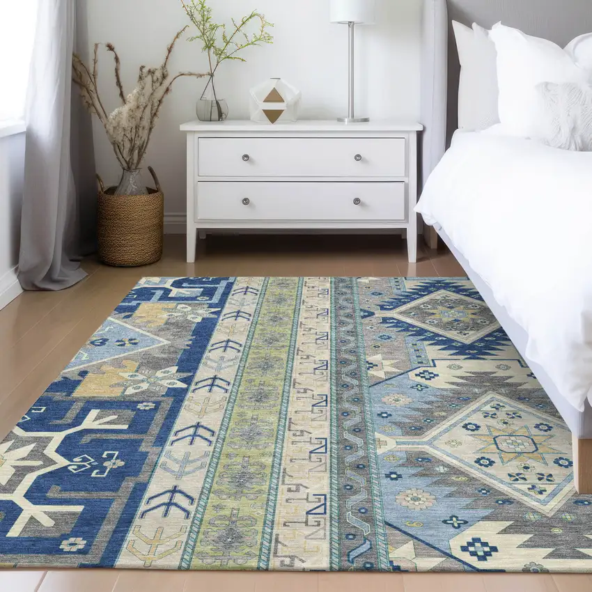 Navy Blue Green And Gray Aztec Washable Indoor Outdoor Area Rug Photo 9