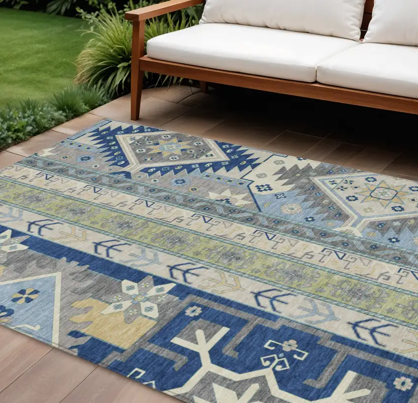 Navy Blue Green And Gray Aztec Washable Indoor Outdoor Area Rug Photo 1