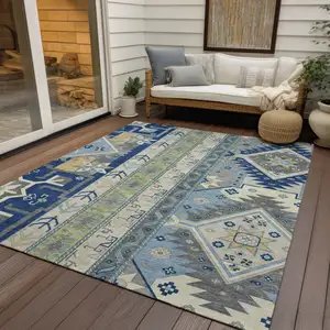 Photo of Navy Blue Green And Gray Aztec Washable Indoor Outdoor Area Rug