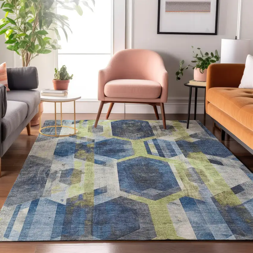 Navy Blue Green And Gray Geometric Washable Area Rug With UV Protection Photo 5