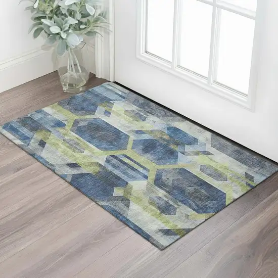 Navy Blue Green And Gray Geometric Washable Area Rug With UV Protection Photo 2