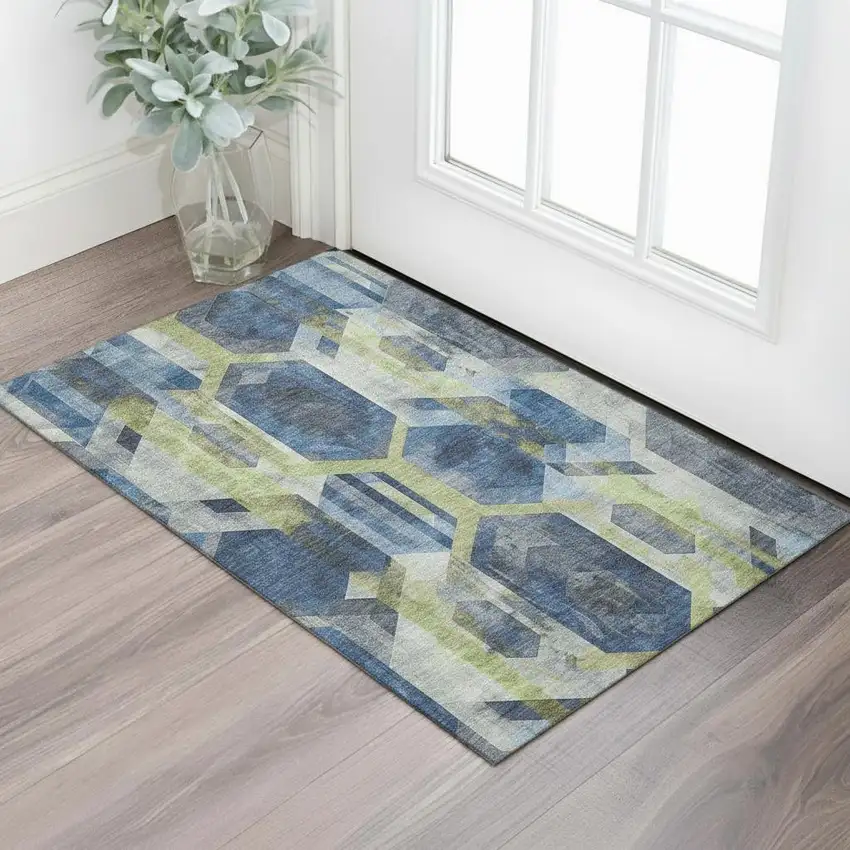 Navy Blue Green And Gray Geometric Washable Area Rug With UV Protection Photo 2