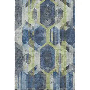 Photo of Navy Blue Green And Gray Geometric Washable Area Rug With UV Protection