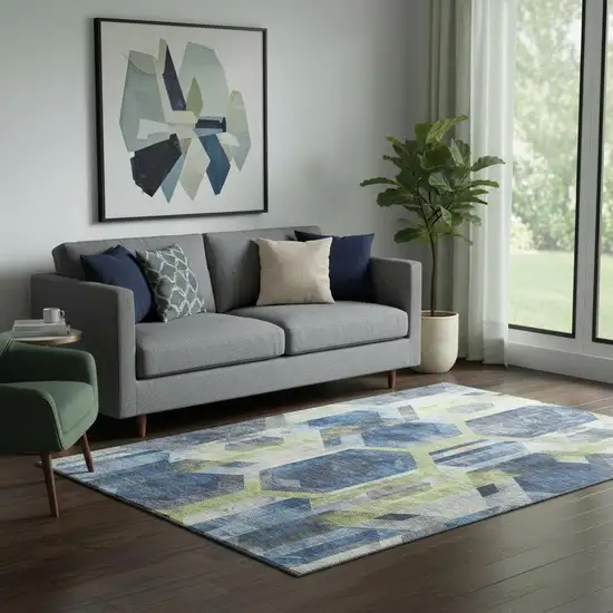 Navy Blue Green And Gray Geometric Washable Area Rug With UV Protection Photo 2