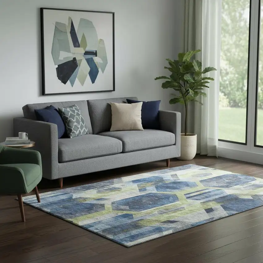 Navy Blue Green And Gray Geometric Washable Area Rug With UV Protection Photo 2