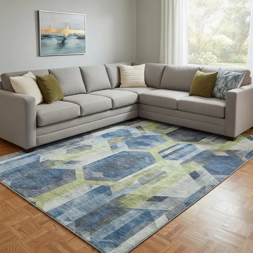 Navy Blue Green And Gray Geometric Washable Area Rug With UV Protection Photo 2