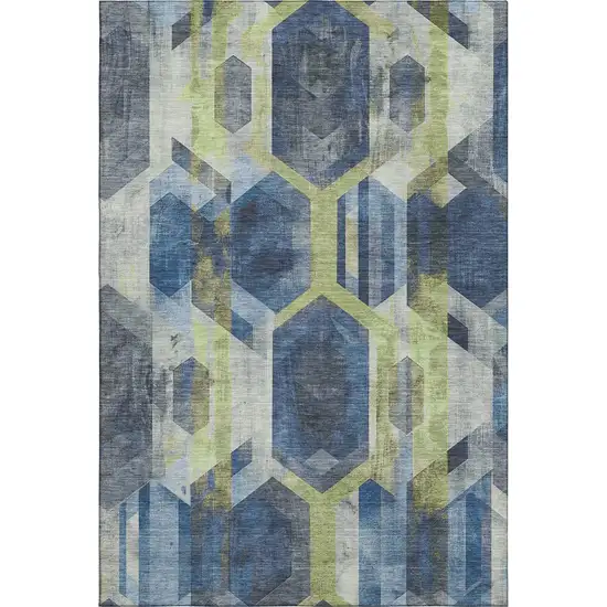 Navy Blue Green And Gray Geometric Washable Area Rug With UV Protection Photo 1