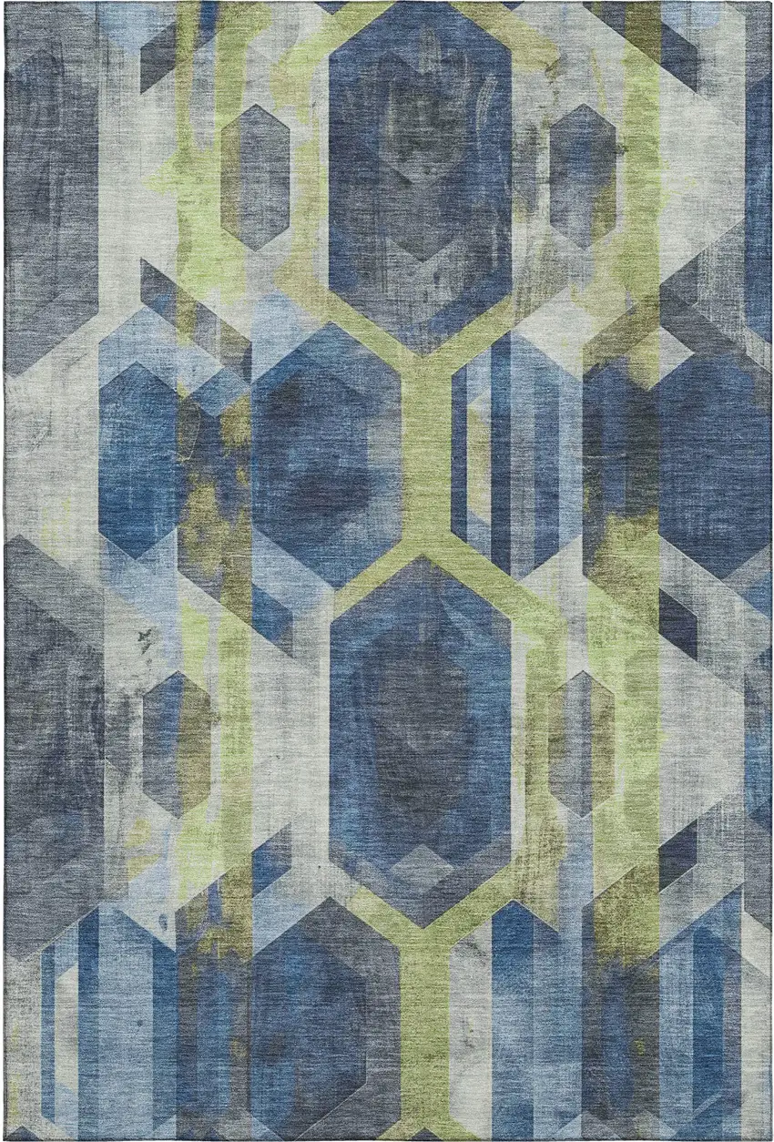 Navy Blue Green And Gray Geometric Washable Area Rug With UV Protection Photo 1