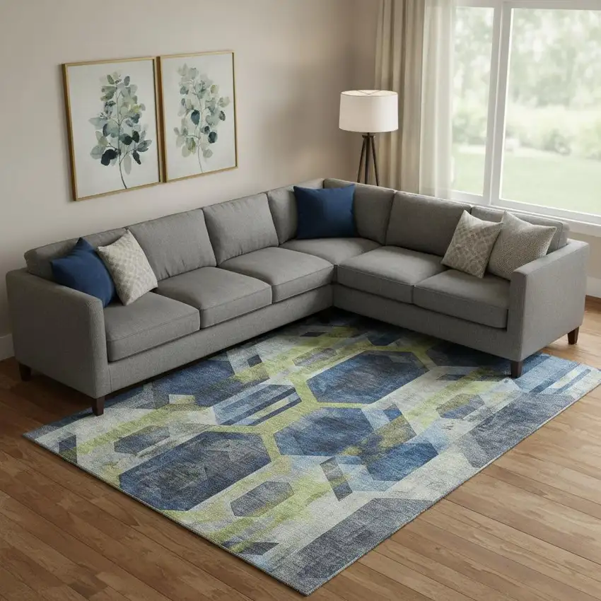 Navy Blue Green And Gray Geometric Washable Area Rug With UV Protection Photo 2