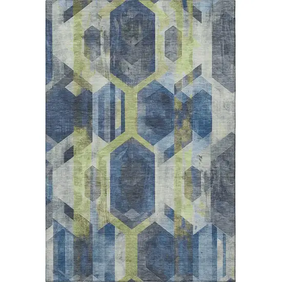 Navy Blue Green And Gray Geometric Washable Area Rug With UV Protection Photo 3
