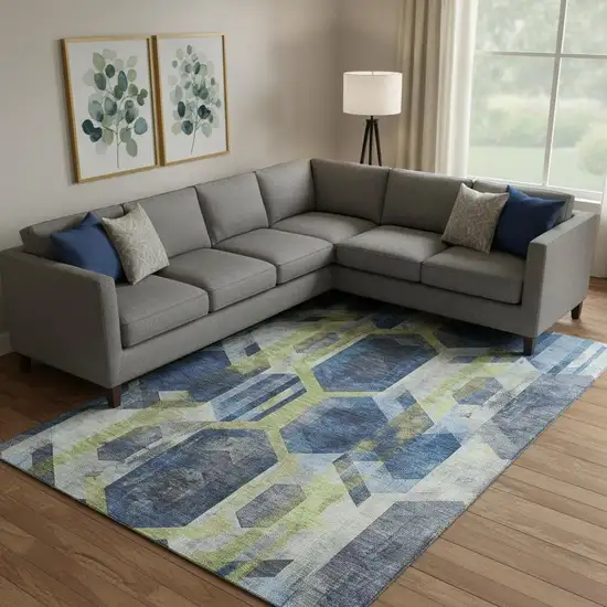 Navy Blue Green And Gray Geometric Washable Area Rug With UV Protection Photo 2