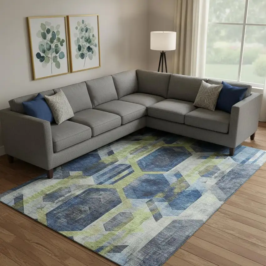 Navy Blue Green And Gray Geometric Washable Area Rug With UV Protection Photo 2