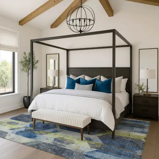 Navy Blue Green And Gray Geometric Washable Area Rug With UV Protection Photo 4