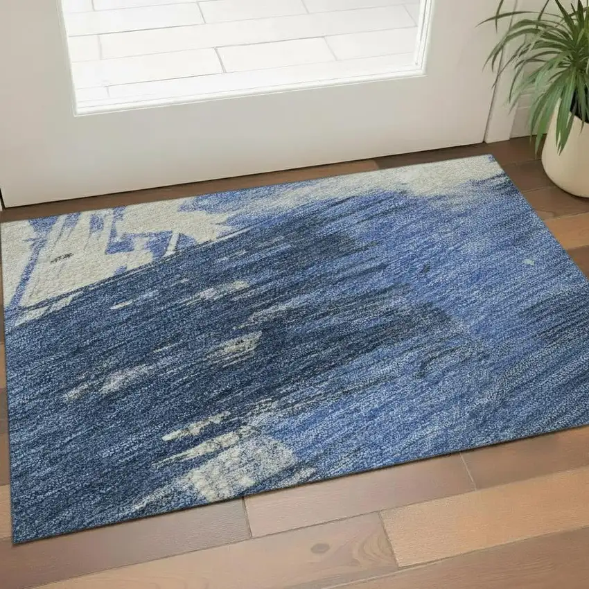 Navy Blue Green And Ivory Abstract Washable Area Rug With UV Protection Photo 2