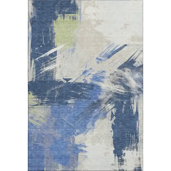 Navy Blue Green And Ivory Abstract Washable Area Rug With UV Protection Photo 5