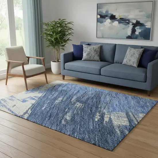 Navy Blue Green And Ivory Abstract Washable Area Rug With UV Protection Photo 2