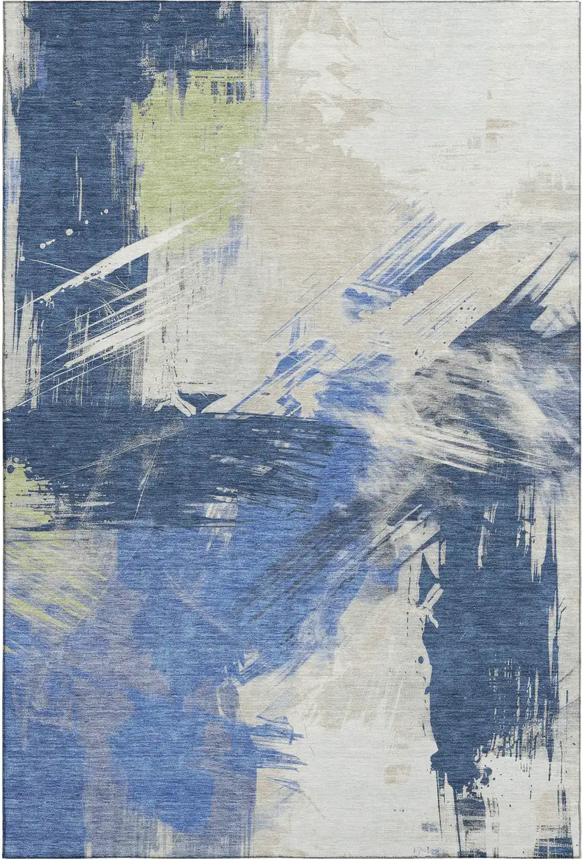 Navy Blue Green And Ivory Abstract Washable Area Rug With UV Protection Photo 4