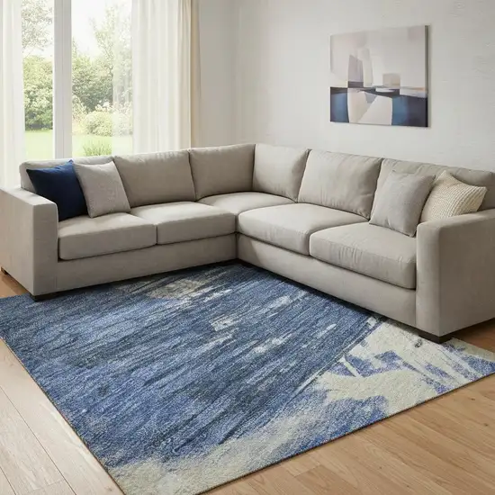 Navy Blue Green And Ivory Abstract Washable Area Rug With UV Protection Photo 2