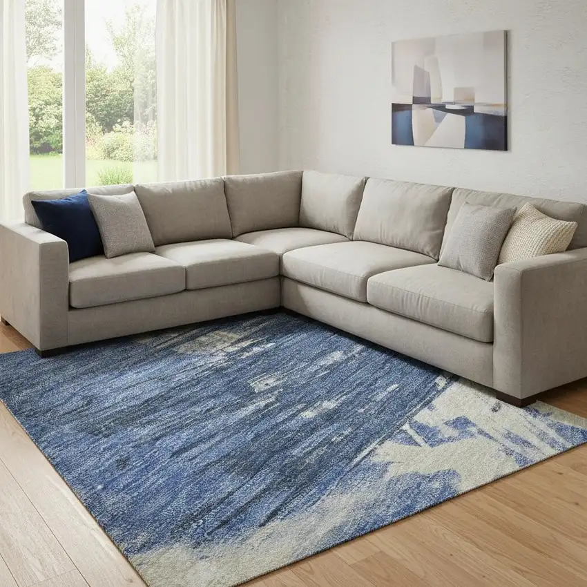 Navy Blue Green And Ivory Abstract Washable Area Rug With UV Protection Photo 2