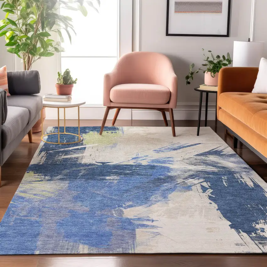 Navy Blue Green And Ivory Abstract Washable Area Rug With UV Protection Photo 4