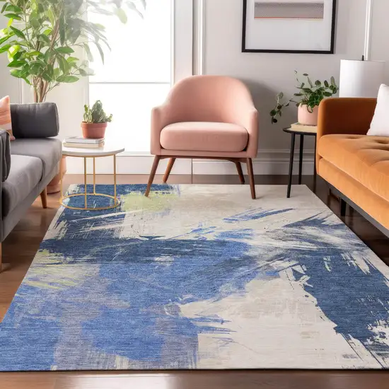 Navy Blue Green And Ivory Abstract Washable Area Rug With UV Protection Photo 3