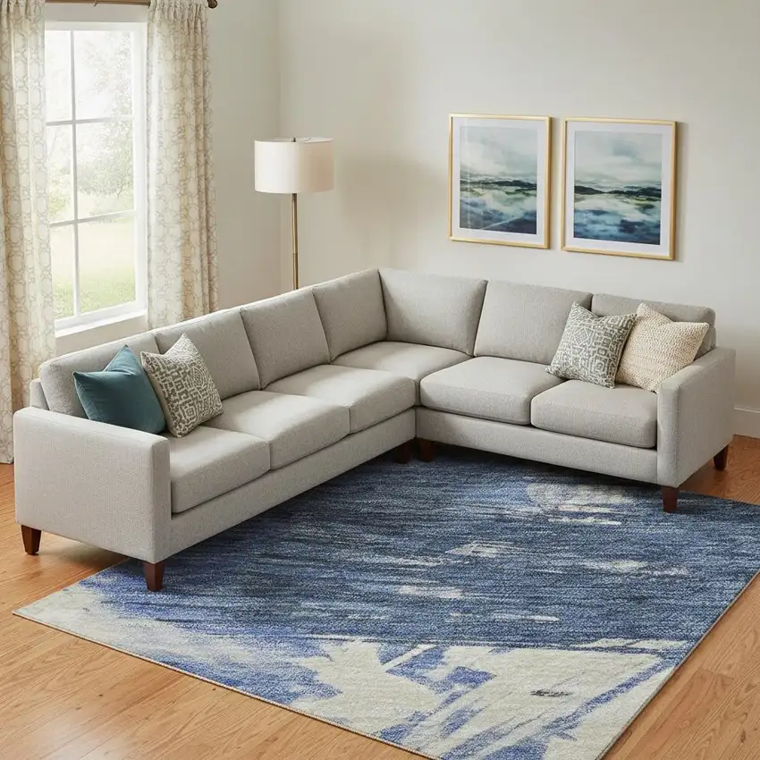 Navy Blue Green And Ivory Abstract Washable Area Rug With UV Protection Photo 2