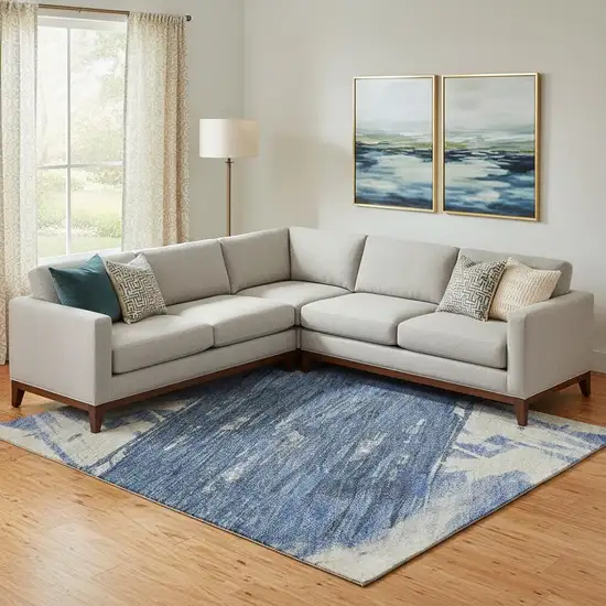 Navy Blue Green And Ivory Abstract Washable Area Rug With UV Protection Photo 2