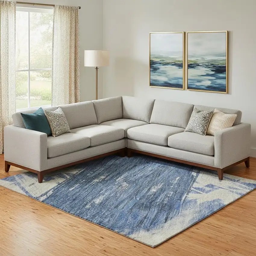 Navy Blue Green And Ivory Abstract Washable Area Rug With UV Protection Photo 2