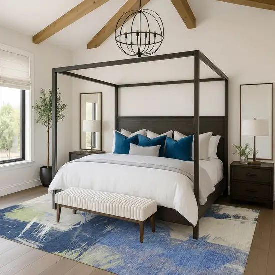 Navy Blue Green And Ivory Abstract Washable Area Rug With UV Protection Photo 2