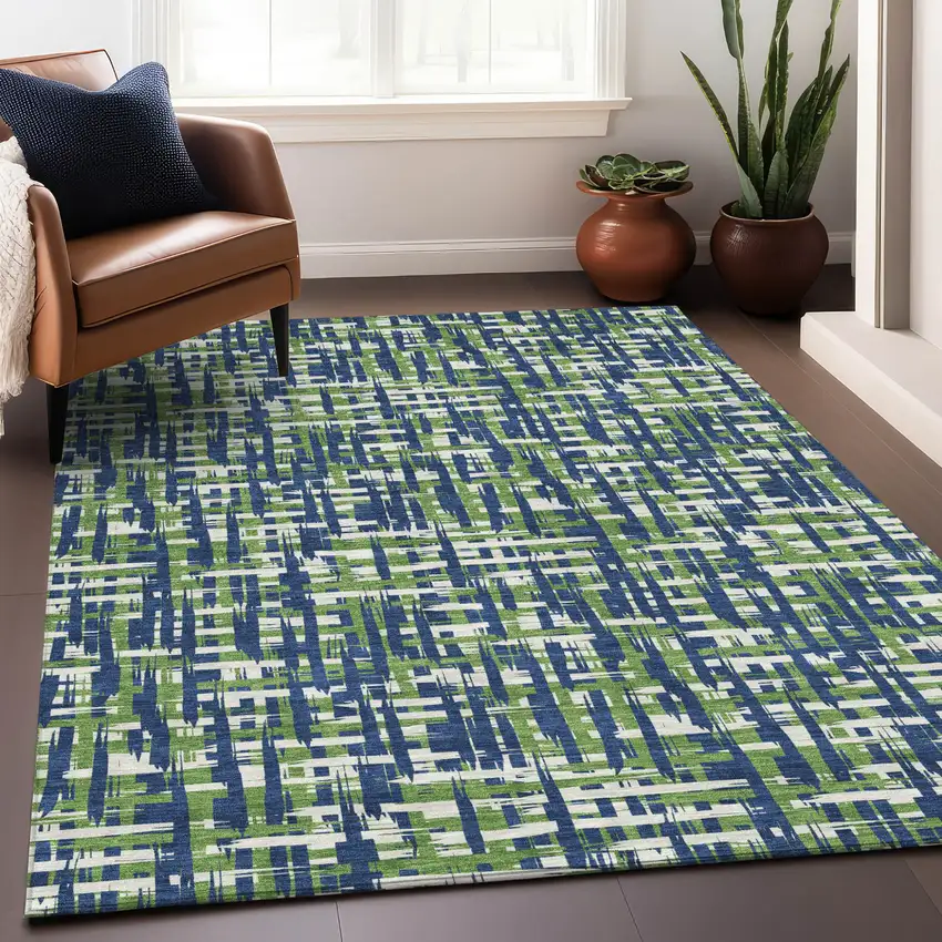 Navy Blue Green And Ivory Abstract Washable Indoor Outdoor Area Rug Photo 8