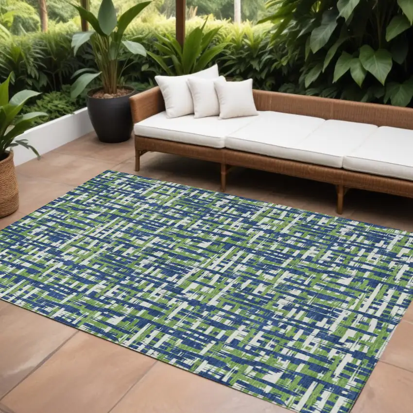 Navy Blue Green And Ivory Abstract Washable Indoor Outdoor Area Rug Photo 1
