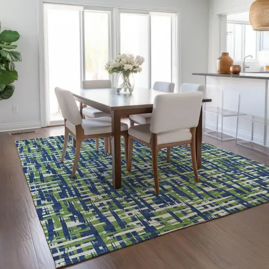 Navy Blue Green And Ivory Abstract Washable Indoor Outdoor Area Rug Photo 9