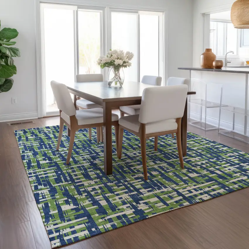 Navy Blue Green And Ivory Abstract Washable Indoor Outdoor Area Rug Photo 9