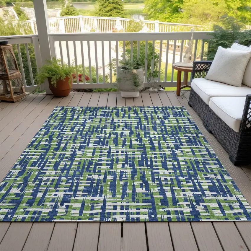Navy Blue Green And Ivory Abstract Washable Indoor Outdoor Area Rug Photo 7